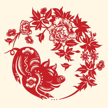 Sanat ve el sanatları tarzı arka planda, domuz ay yeni yıl kesilmiş kağıt domuz zodyak, Çin yeni yılı 2019, mutlu çene yeni yıl 2019 Zodyak işareti yıl domuz kağıt kesme