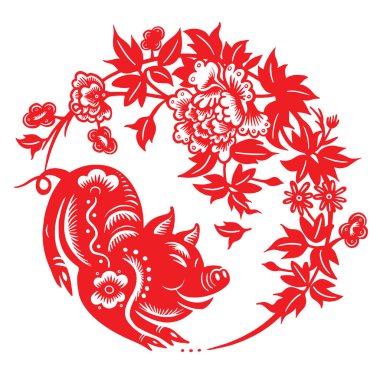 Sanat ve el sanatları tarzı arka planda, domuz ay yeni yıl kesilmiş kağıt domuz zodyak, Çin yeni yılı 2019, mutlu çene yeni yıl 2019 Zodyak işareti yıl domuz kağıt kesme