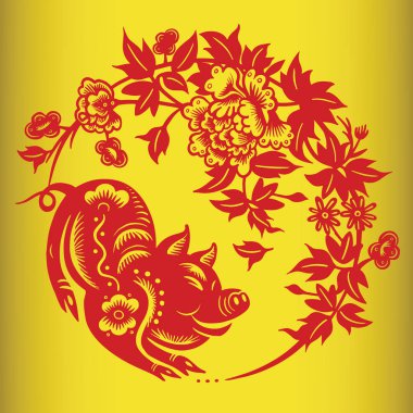 Sanat ve el sanatları tarzı arka planda, domuz ay yeni yıl kesilmiş kağıt domuz zodyak, Çin yeni yılı 2019, mutlu çene yeni yıl 2019 Zodyak işareti yıl domuz kağıt kesme