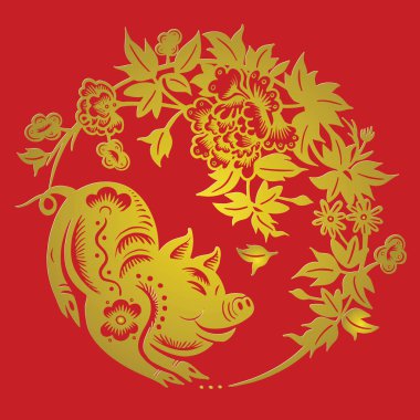 Sanat ve el sanatları tarzı arka planda, domuz ay yeni yıl kesilmiş kağıt domuz zodyak, Çin yeni yılı 2019, mutlu çene yeni yıl 2019 Zodyak işareti yıl domuz kağıt kesme