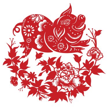 Sanat ve el sanatları tarzı arka planda, domuz ay yeni yıl kesilmiş kağıt domuz zodyak, Çin yeni yılı 2019, mutlu çene yeni yıl 2019 Zodyak işareti yıl domuz kağıt kesme