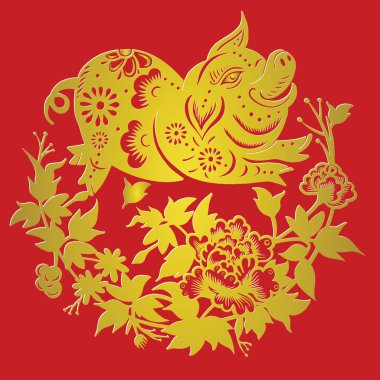 Sanat ve el sanatları tarzı arka planda, domuz ay yeni yıl kesilmiş kağıt domuz zodyak, Çin yeni yılı 2019, mutlu çene yeni yıl 2019 Zodyak işareti yıl domuz kağıt kesme