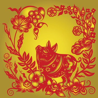 Sanat ve el sanatları tarzı arka planda, domuz ay yeni yıl kesilmiş kağıt domuz zodyak, Çin yeni yılı 2019, mutlu çene yeni yıl 2019 Zodyak işareti yıl domuz kağıt kesme