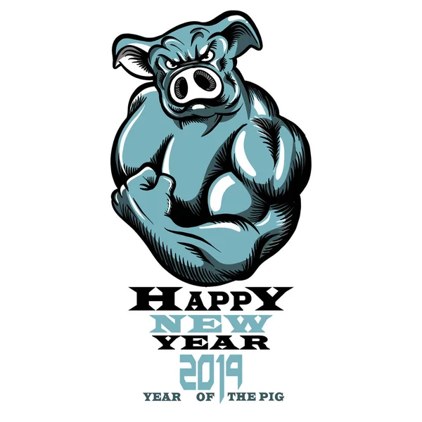 Chinese Zodiac Sign Year of Pig,Happy Chinese New Year 2019 year of the pig ,Vector illustration of a strong healthy pig  with large biceps.