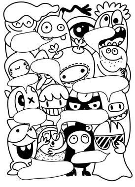 Sevimli canavarlar ve şeker, dizi komik sevimli canavarlar, yabancılar veya fantezi hayvanlar çocuklar için kitap veya t-shirt boyama. Hat sanatı karikatür vektör çizim el çekilmiş