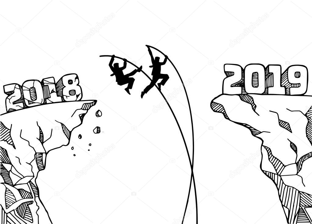 Two businessmen race across the new year with a pole. jumping between 2018 and 2019. Happy new year 2019. New year new beginning concept ,Vector illustration 