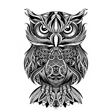 Boyama sayfası. Boyama kitabı. Zentangle tarzda çizilmiş baykuş boyama resimle. Antistress serbest kroki çizim. Vektör çizim.