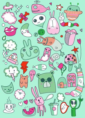 El çizilmiş vektör çizim, Doodle Kawaii, çizim, düz tasarım, Illustrator satırı araçları kümesi sevimli tasarım yamalar
