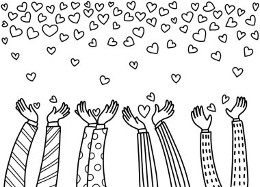 Erkekler, stil doodle, illüstrasyon vektör falling.hearts elden düşme olduğunu kalp almak için ellerini kaldır