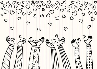 Erkekler, stil doodle, illüstrasyon vektör falling.hearts elden düşme olduğunu kalp almak için ellerini kaldır