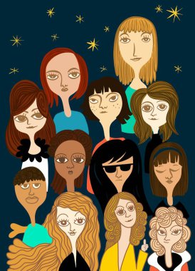 International Women's Day. Vector pattern with women faces,Vector illustration in doodle style 