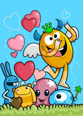 Vektör ayarla şirin seviyorum Monsters, sevimli canavarlar grup pembe kalp '. Canavar. karikatür tarzı. Komik. Parlak. Çocuk. Tasarımlarınız için
