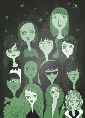 International Women's Day. Vector pattern with women faces,Vector illustration in doodle style 