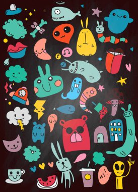 El çizilmiş vektör çizim, Doodle Kawaii, çizim, düz tasarım, Illustrator satırı araçları kümesi sevimli tasarım yamalar