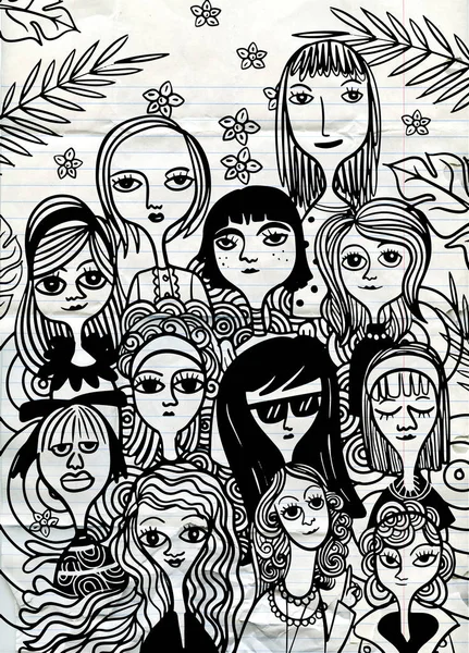 国際女性の日 女性の顔パターンをベクトル ベクトル落書き風イラスト — ストックベクタ