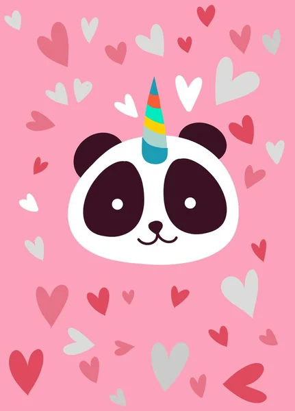 Söta Panda Med Enhörning Horn Färgen Det Rosa Hjärtat Lämplig — Stock vektor