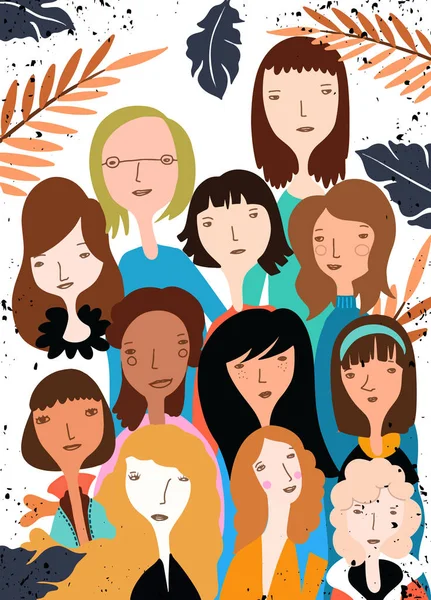 Международный Женский День Векторный Рисунок Женскими Лицами Векторная Иллюстрация Стиле — стоковый вектор