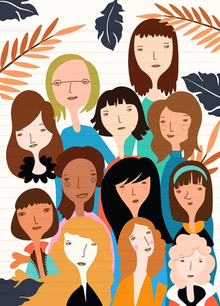 国際女性の日 女性の顔パターンをベクトル ベクトル落書き風イラスト — ストックベクタ