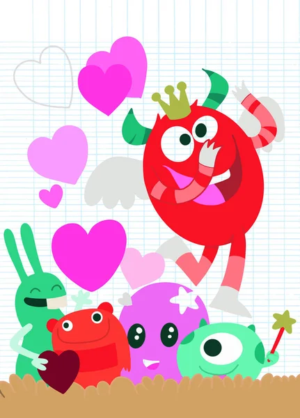 Conjunto Vectores Monstruos Amor Lindos Monstruos Lindos Grupo Enamorado Corazón — Vector de stock