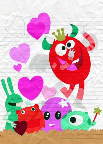 Conjunto Vectores Monstruos Amor Lindos Monstruos Lindos Grupo Enamorado Corazón — Vector de stock