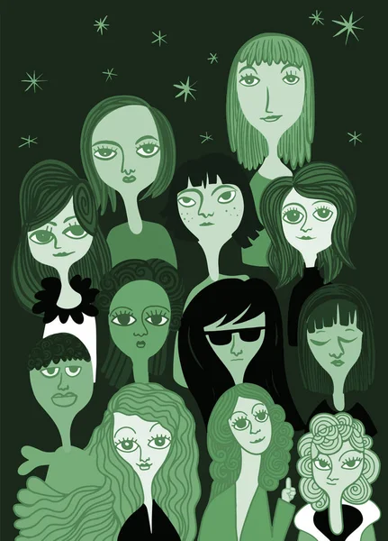 International Women Day Vector Pattern Women Faces Vector Illustration Doodle — ストックベクタ