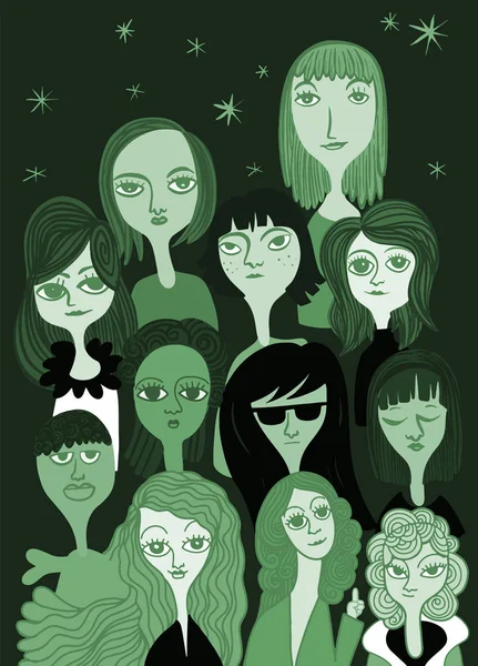 International Women's Day. Vector pattern with women faces,Vector illustration in doodle style 