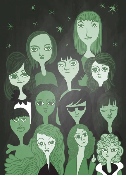 International Women Day Vector Pattern Women Faces Vector Illustration Doodle — ストックベクタ