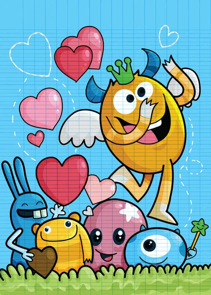 矢量集可爱的爱怪物 可爱的怪物组在爱与粉红色的心 卡通风格 为您的设计 — 图库矢量图片