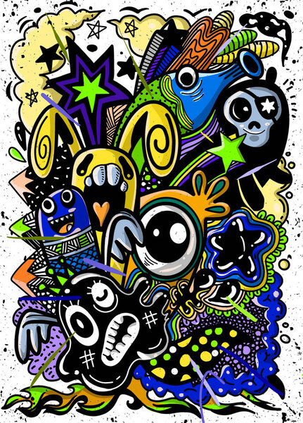Векторная иллюстрация Doodle cute Monster background, Ручная ничья
