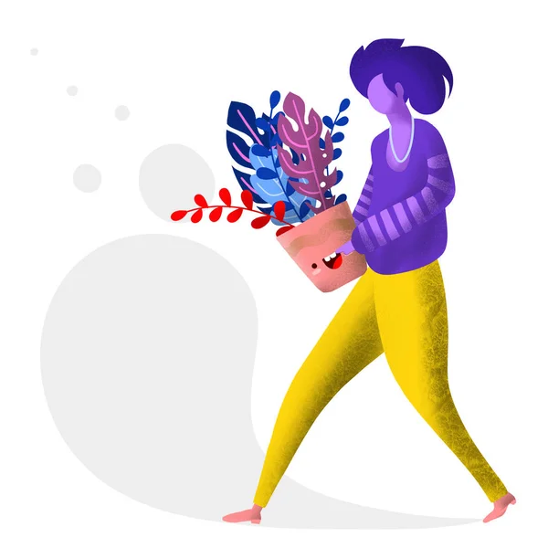 Een vector afbeelding van een meisje van de bloemist die een pot met bloemen — Stockvector