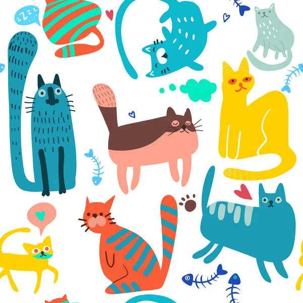 Cute Cartoon Cat Vector Icons, Seamless Pattern And Background — Stock Vector