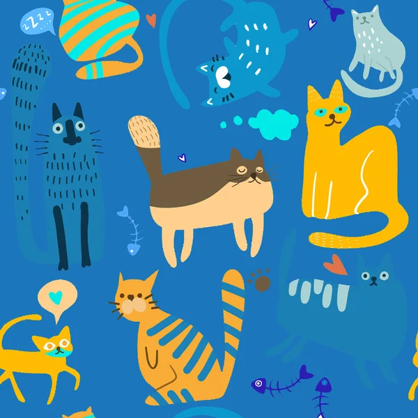 Cute Cartoon Cat Vector Icons, Seamless Pattern And Background — Stock Vector