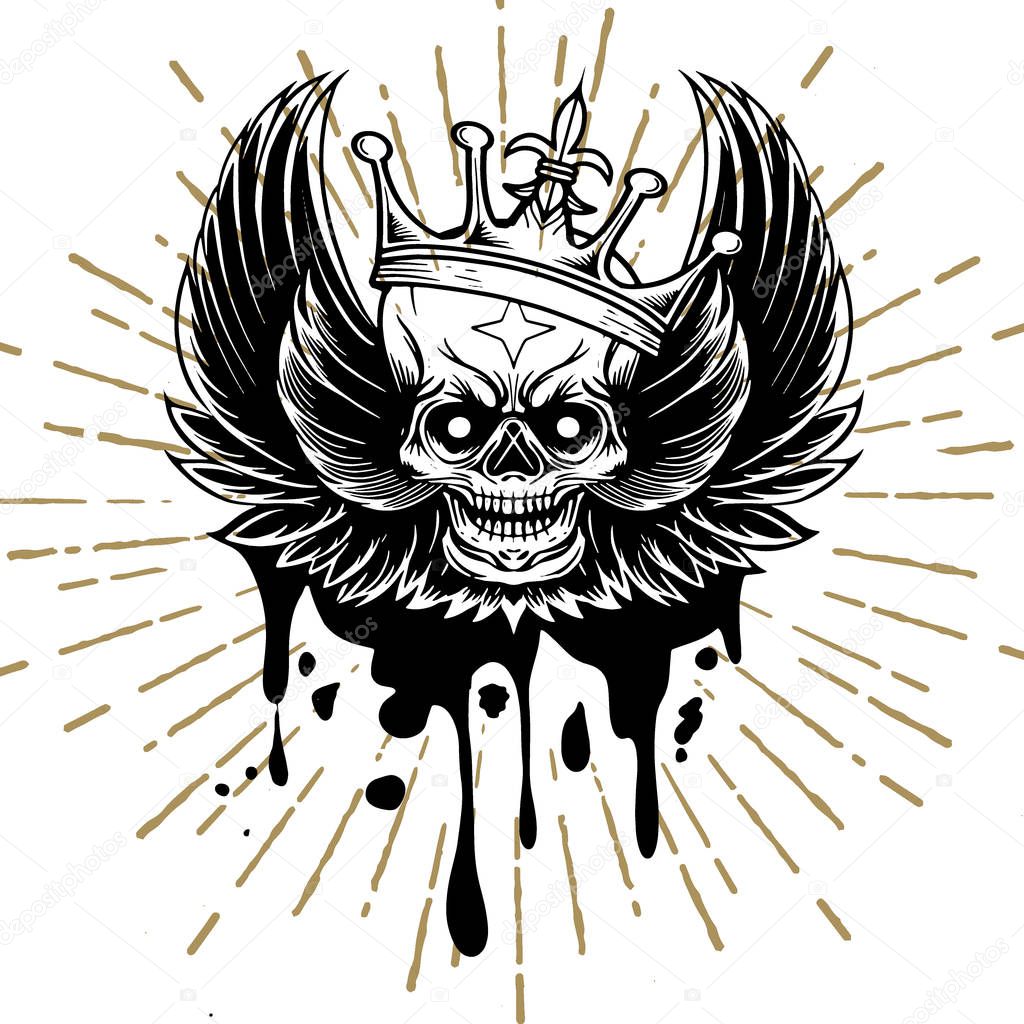 Vector image skull with wings and crown,vintage background. Tatt