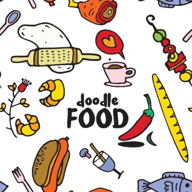 Sevimli foodl ve elle çizilmiş şekiller ile Seamless çocukça modeli.