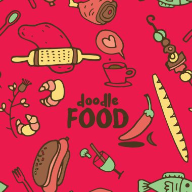 Sevimli foodl ve elle çizilmiş şekiller ile Seamless çocukça modeli.