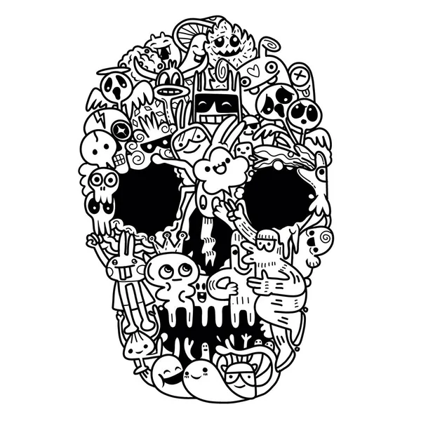 Cráneo dibujado a mano hecho de monstruo lindo — Vector de stock