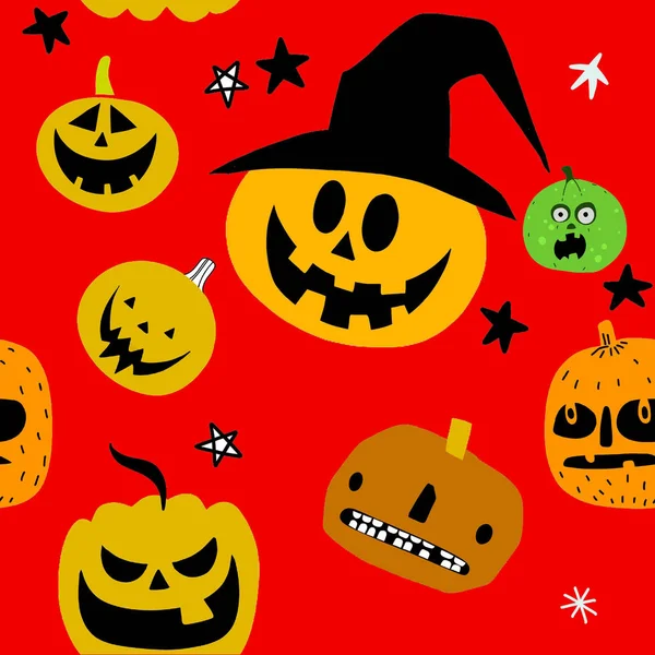 Conjunto de calabazas de Halloween, caras graciosas. Vacaciones de otoño.Sin costuras — Vector de stock