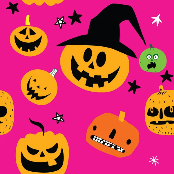 Conjunto de calabazas de Halloween, caras graciosas. Vacaciones de otoño.Sin costuras — Vector de stock