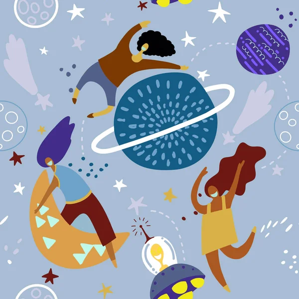 Seamless childish pattern with funny girls  with moons and starr — Stock Vector