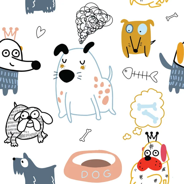 Seamless childish pattern with cute dog and hand drawn shapes. C — Stock Vector