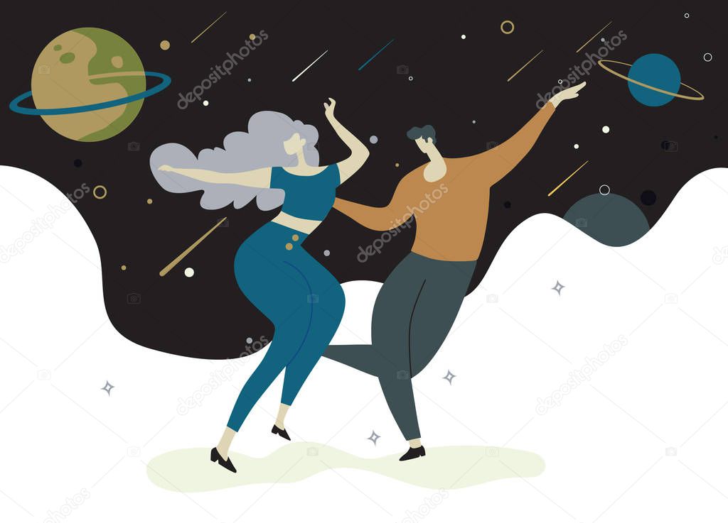 Dancing couples on stars  background , Happy men and women move 