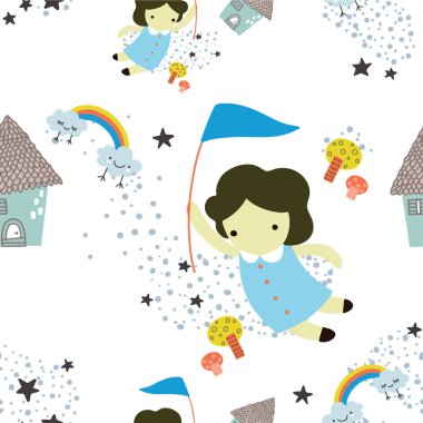 Sevimli kız ve el çizilmiş şekiller ile kesintisiz çocukça desen. 