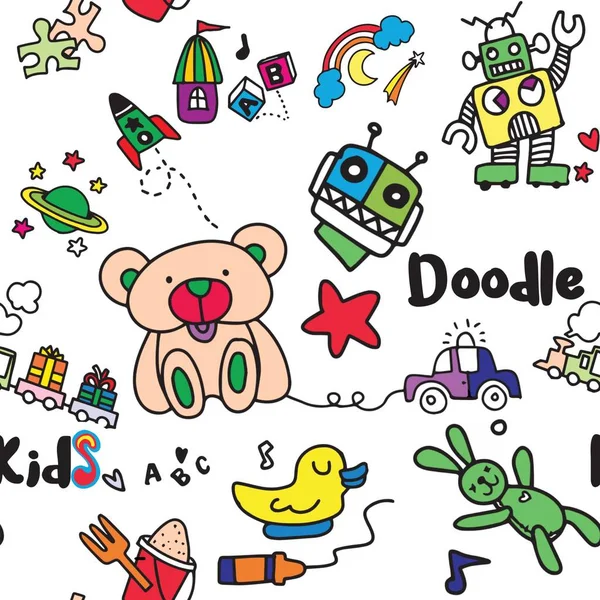 Бесшовный детский рисунок с мультяшными игрушками. Игра игрушка плюшевый медведь динозавр ракеты детские кубики воздушный змей робот. Детская коллекция кукол — стоковый вектор