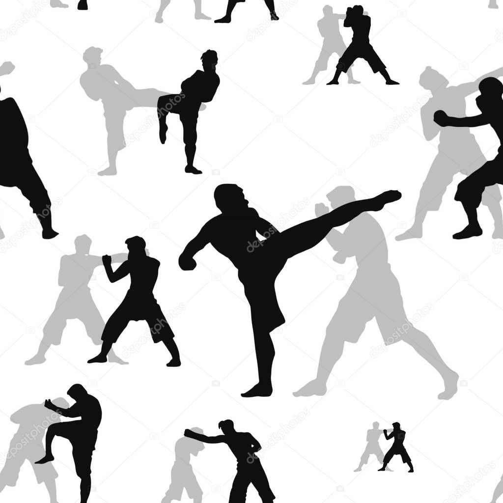 Seamless pattern with The set of  muay thai action , silhouette,