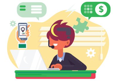 ofiste bilgisayarda çalışan işadamı pazarlamacı, programcı, iş analisti, tasarımcı, yönetmek vektör düz illüstrasyon