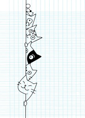 Sevimli doodle kediler duvarın arkasında gizler , karikatür çizim