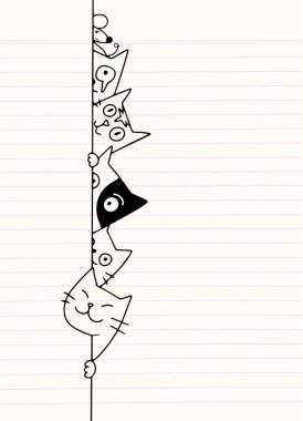Sevimli doodle kediler duvarın arkasında gizler , karikatür çizim