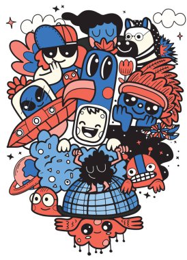 Uçan bir tur üzerinde oturan mutlu deli canavar bir grup