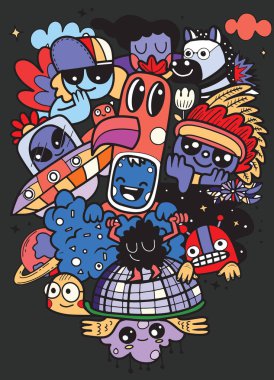 Uçan bir tur üzerinde oturan mutlu deli canavar bir grup