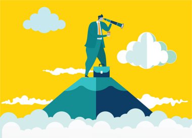 Teleskopla dağın tepesinde duran işadamı